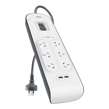 Belkin 6-Outlet Surge Protector Powerboard with 2M Lead 2 x USB Charging Ports - White/Grey